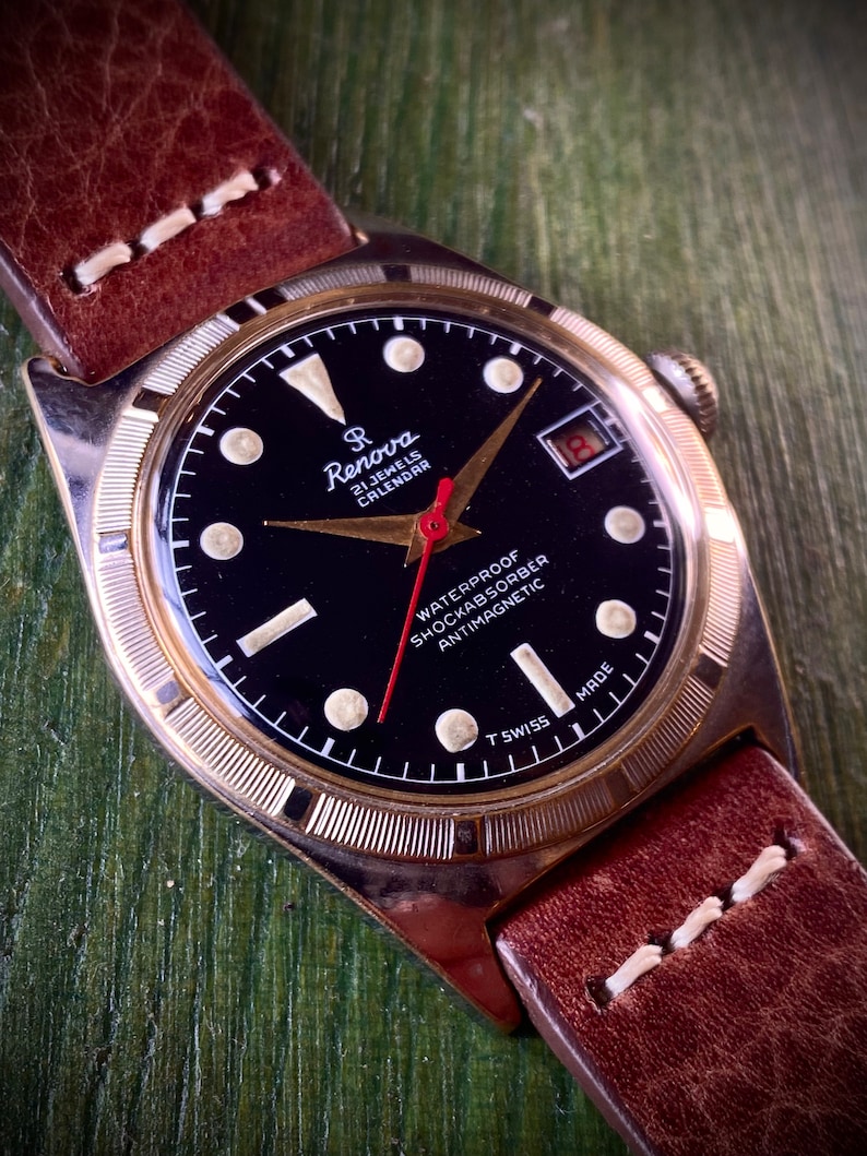 Swiss-made SR RENOVA Datumsfunktion schwarzes Zifferblatt mechanische Vintage Uhr ca. 1965 gewartet Bild 6