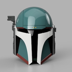 Può includere: Un casco verde acqua e bianco con un design distintivo, caratterizzato da una visiera a forma di T e un telemetro laterale. Il casco ha finiture rosse e grigie ed è probabilmente un oggetto da cosplay o da collezione.