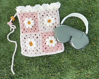Granny Square Crochet Drawstring Bag with Flowers