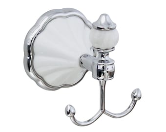 Double Robe and Towel Hook - Flora Series - White Porcelain & Polished Chrome