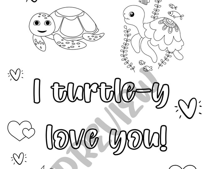 Turtle Valentine Colouring Page 'I Turtle-y Love You' Fun Activity for ...