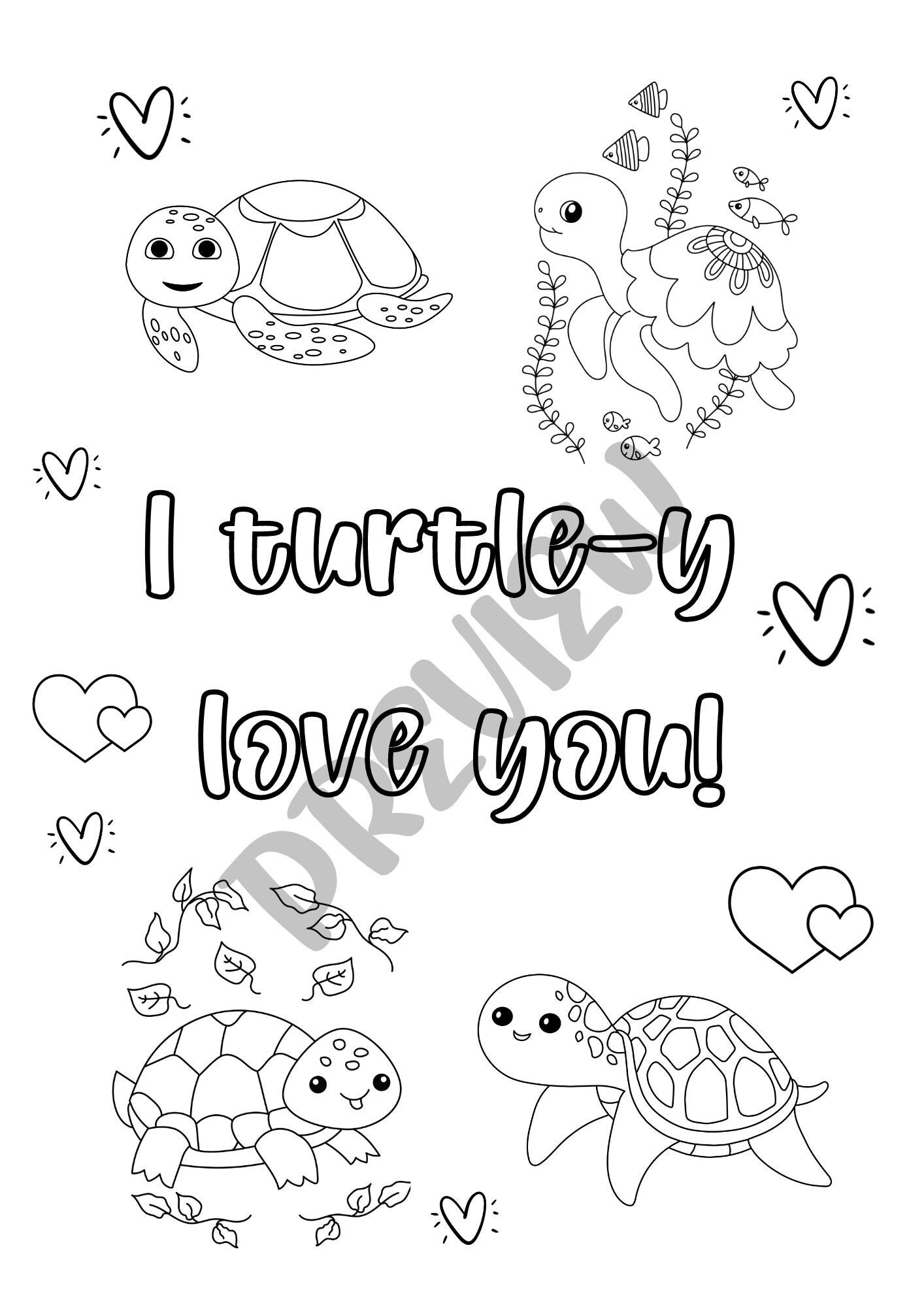 Turtle Valentine Colouring Page 'I Turtle-y Love You' Fun Activity for ...