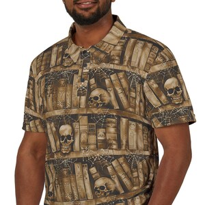 Gothic Library Polo Shirt, AOP Skull Shirt, Unisex Casual Wear, Book Lover Gift, Halloween Outfit, Unique T-Shirt Alternative
