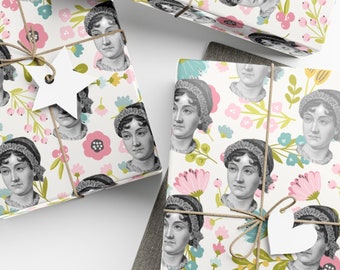 Papeles de envoltura de regalo de Jane Austen, regalos literarios para maestros, bibliófilos, bibliotecarios, amantes de los libros, ratones de biblioteca, papel de envoltura de regalos librero