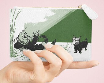 The Wonderful Wizard of Oz Coin Purse, Mini Clutch, Small Makeup Bag, Green Illustration of Toto and Scarecrow, Book Lovers