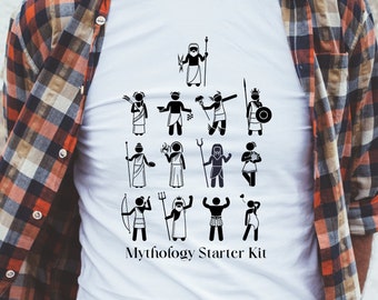 May include: White t-shirt featuring a black graphic of various mythological figures. The text "Mythology Starter Kit" is printed below the graphic.
