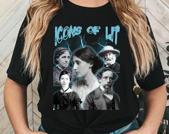 May include: Black t-shirt with a blue graphic that says "Icons of Lit" and features images of famous authors including Jane Austen, Charles Dickens, and Emily Dickinson.