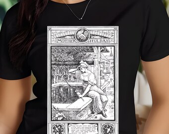 Może przedstawiać: Czarno-biała ilustracja kobiety siedzącej przy studni, z tekstem "MOTHER HULDA" nad nią. Ilustracja jest umieszczona w ozdobnej ramie z kogutkiem na górze.