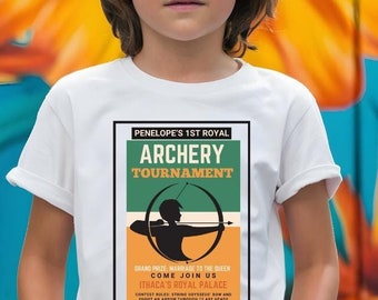 Maglietta per bambini Penelope's Archery Tournament, maglietta divertente sulla mitologia greca per gli amanti dei libri e i giovani fan dell'Odissea di Omero, Softstyle