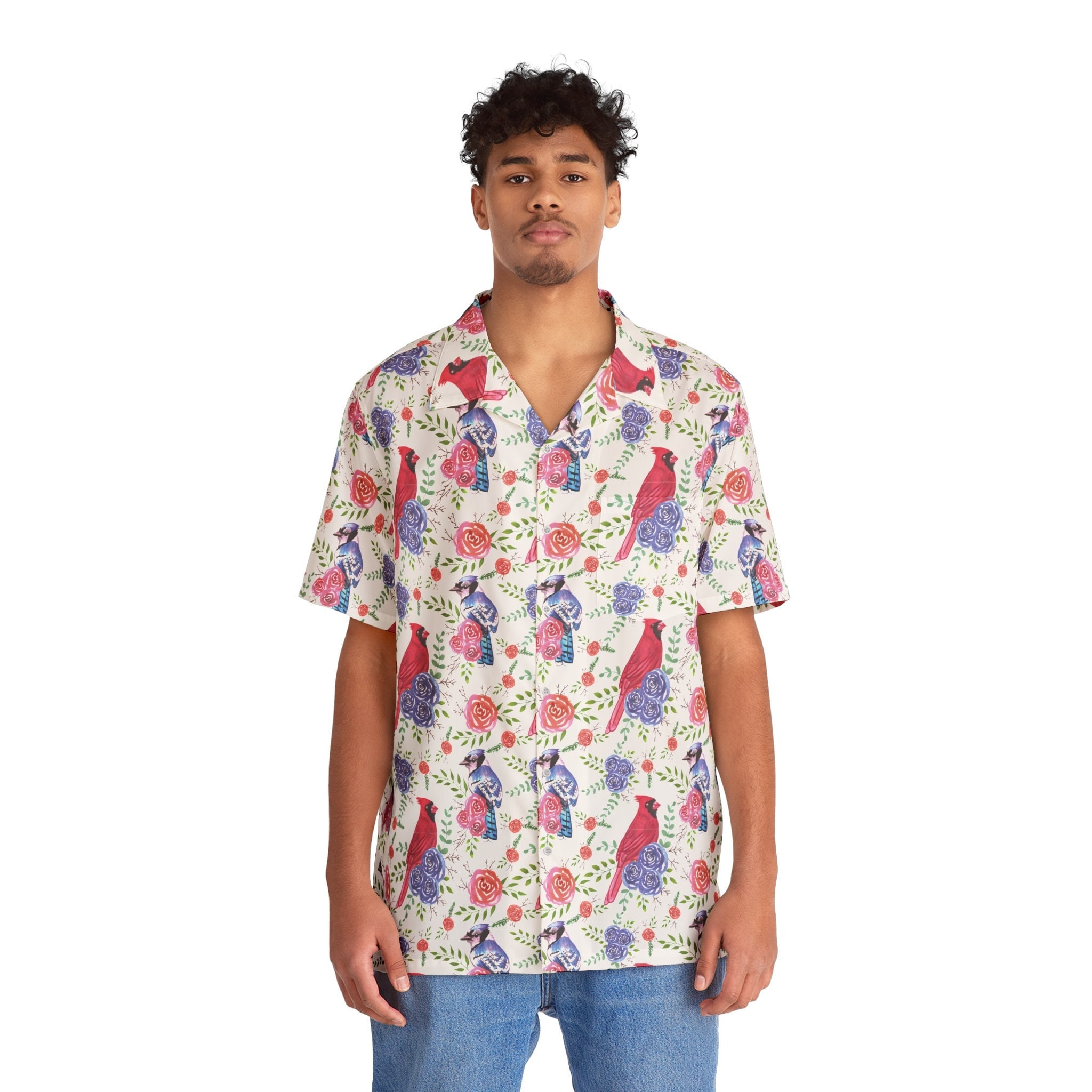 Camisa hawaiana de los Blue Jays y los Cardinals, manga corta con botones, para amantes de la naturaleza, camisa para observar aves, atuendo para observar aves, camisa patriótica para observadores de aves