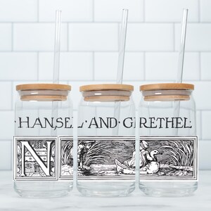 Hänsel und Gretel 16 Unzen Glas Sipper Cup, Original Grimms Märchen Kunst, Märchen Geschenk für Lehrer, Bibliothekare Geschichte Liebhaber Eiskaffee