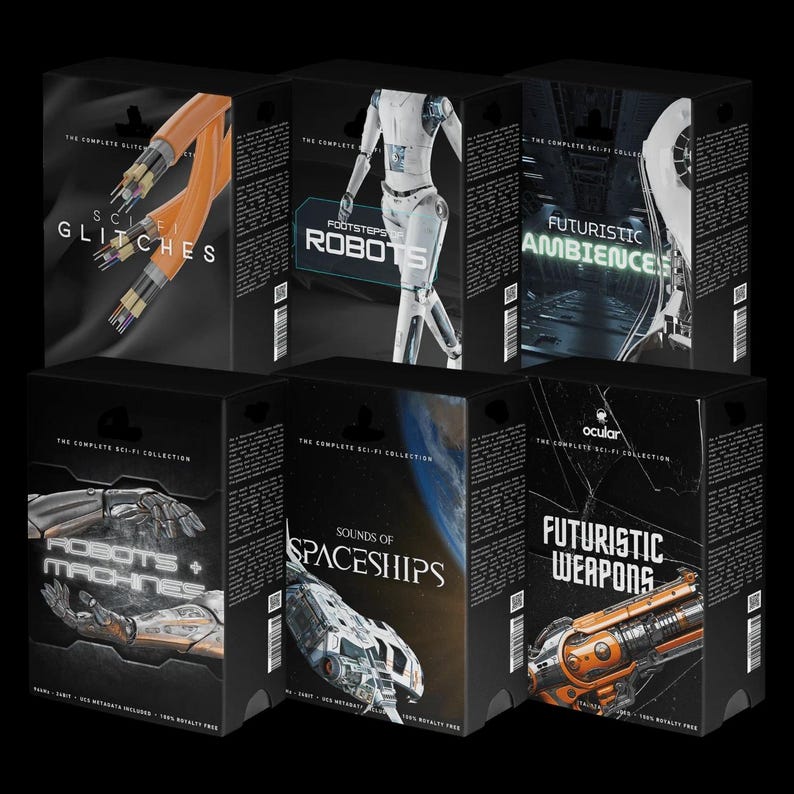 Peut inclure: Six bo&icirc;tes noires avec du texte blanc et des images. Les bo&icirc;tes sont &eacute;tiquet&eacute;es "Sci-Fi Glitches", "Footsteps Robots", "Futuristic Ambiences", "Robots + Machines", "Sounds of Spaceships", et "Futuristic Weapons".
