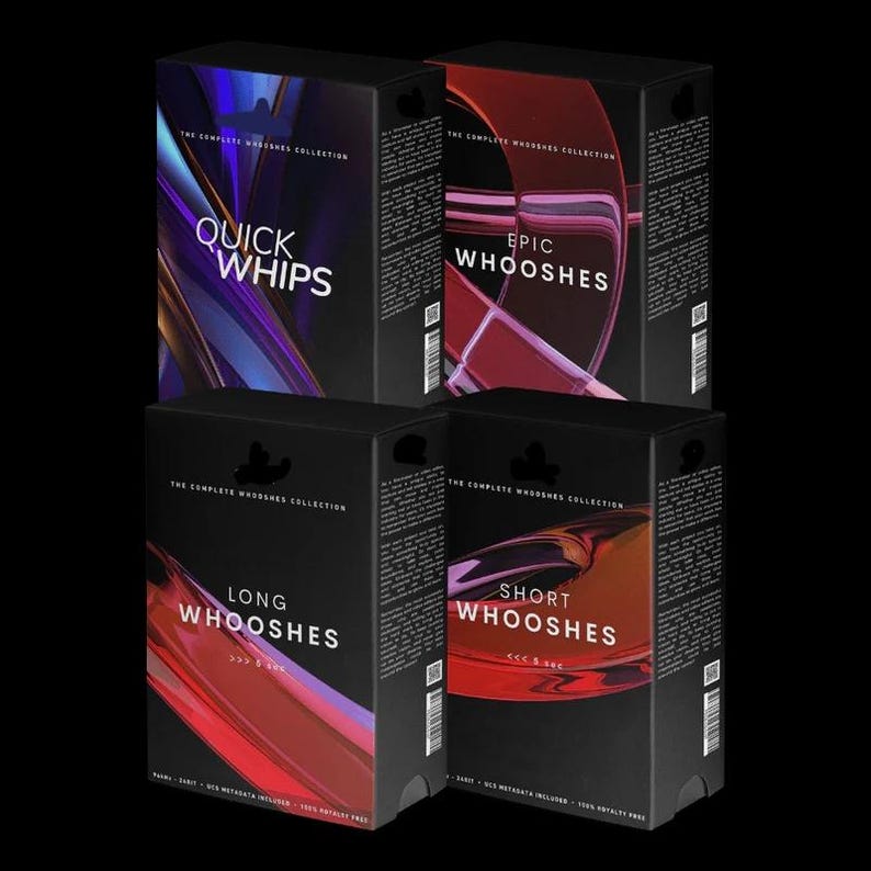 Peut inclure: Quatre bo&icirc;tes noires avec des motifs abstraits color&eacute;s et du texte. Les bo&icirc;tes sont &eacute;tiquet&eacute;es "Quick Whips", "Epic Whooshes", "Long Whooshes" et "Short Whooshes".