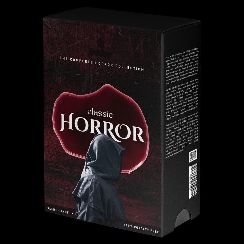 Peut inclure: Une bo&icirc;te noire avec un graphique rouge et blanc d'une figure &agrave; capuche. Le texte "classic HORROR" est en blanc sur fond rouge. La bo&icirc;te est &eacute;tiquet&eacute;e "The Complete Horror Collection" et "96kHz - 24BIT - 100% Royalty Free".