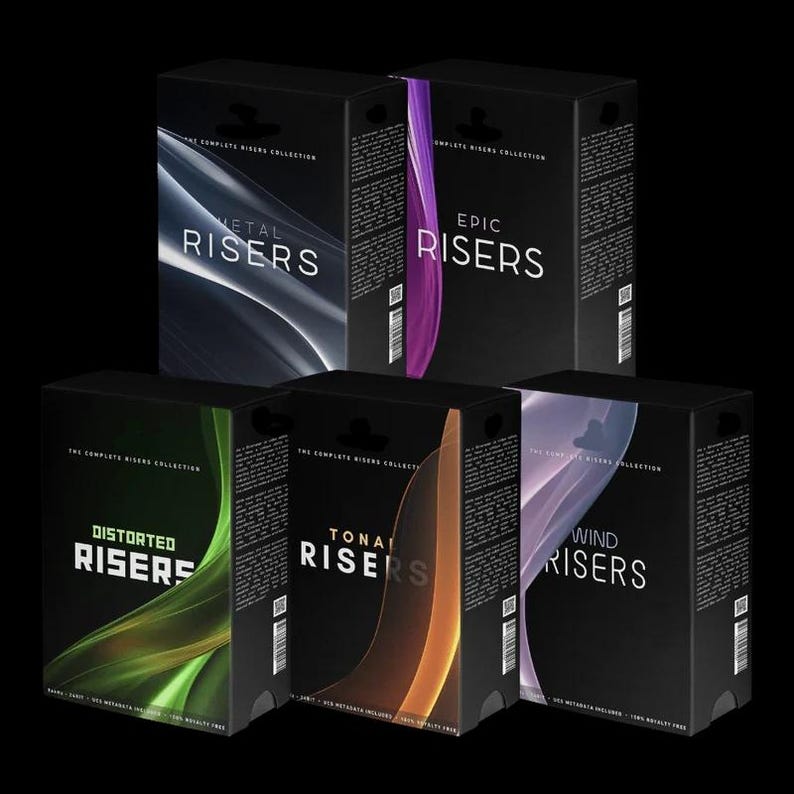 Peut inclure: Six bo&icirc;tes noires avec des fonds et des textes de couleurs diff&eacute;rentes. Le texte sur les bo&icirc;tes est "Metal Risers", "Epic Risers", "Distorted Risers", "Tonal Risers", "Wind Risers", et "The Complete Risers Collection".