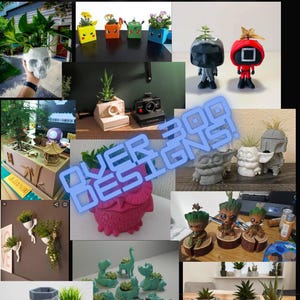 以下が含まれることがあります： 様々な形状の3Dプリントされたプランターのコレクション。頭蓋骨、キャラクター型のポット、幾何学模様など。画像には「MEGA PLANTER/PLANT POT STL PACK!」、「OVER 300 DESIGNS!」と「MORE THAN 300 TO PRINT!」の文字が含まれています。