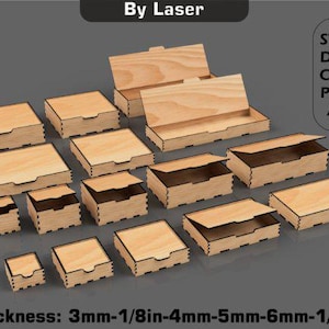 May include: A collection of various sized wooden boxes with hinged lids, some open and some closed. The boxes are light brown with dark brown edges. Text in the image reads "By Laser" and "Thickness: 3mm-1/8in-4mm-5mm-6mm-1/4in".