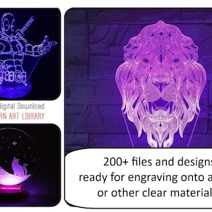 May include: Three different designs for laser cut acrylic night lights. The designs include a crescent moon with a cat, a lion's head, and a superhero figure. The text "Instant Digital Download" and "Lightburn Art Library" is visible at the bottom of the image. 200+ files and designs ready for engraving onto acrylic or other clear materials!