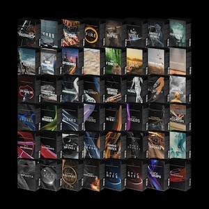 Könnte beinhalten: Eine Sammlung von 48 Soundeffekt-Paketen für die Musikproduktion. Die Pakete sind in einem Raster angeordnet und tragen Titel wie "Autos", "Feuer", "Schlacht", "Magische Zauber", "Horror", "Drohnen", "Anstiege", "Epische Hits", "Rauschen" und "Einschläge".