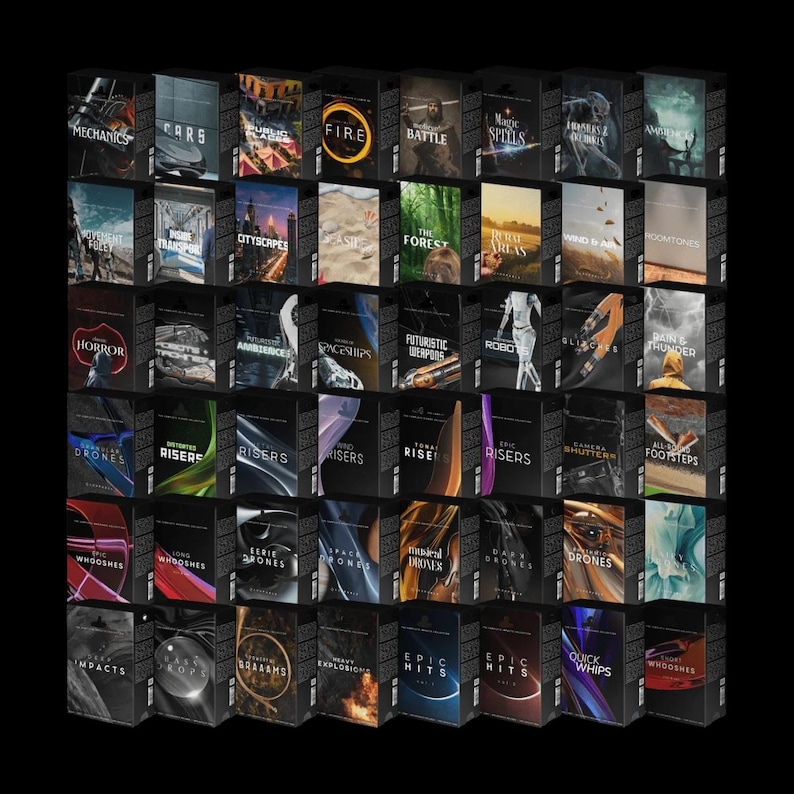 Peut inclure: Une collection de 48 packs d'effets sonores pour la production musicale. Les packs sont organis&eacute;s en grille et pr&eacute;sentent des titres tels que "Voitures", "Feu", "Bataille", "Sorts magiques", "Horreur", "Drones", "Mont&eacute;es", "Hits &eacute;piques", "Sifflements", et "Impacts".