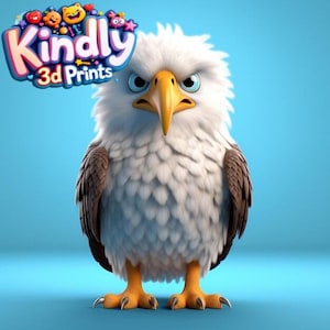 May include: A 3D-printed cartoon eagle with white feathers, brown wings, and orange feet and beak. The eagle has an angry expression and is standing on a blue surface. The image includes the text "Kindly 3D Prints" in a colorful logo.
