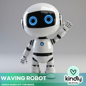 Könnte beinhalten: Ein weißer Roboter winkt, mit rundem Kopf und beweglichen Gliedmaßen. Der Roboter hat ein schwarzes Gesicht mit blau leuchtenden Augen. Der Text "WAVING ROBOT" befindet sich am unteren Rand des Bildes. Der Text "DESIGN BASED OFF THIS IMAGE" ist ebenfalls vorhanden.