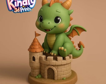 May include: A green dragon figurine with orange accents sits atop a tan castle. The dragon has large eyes and small wings. The castle has a small tower with a flag. The logo "Kindly 3D Prints" is in the upper left corner.