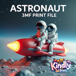 May include: Two white astronauts with black helmets and visors are riding on a red rocket ship. The rocket ship is on a gray, rocky surface. The text "ASTRONAUT 3MF PRINT FILE" is at the top of the image.