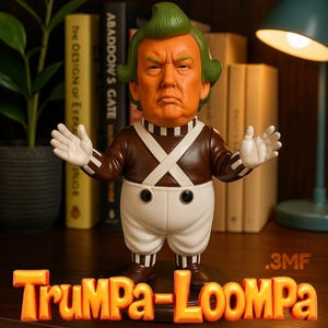 Könnte beinhalten: Eine neuartige Figur einer Person mit orangefarbener Haut und grünen Haaren, bekleidet mit einem braunen und weißen Outfit. Die Figur hat die Arme ausgestreckt und der Text "TRUMPA-LOOMPA" wird in orangefarbenen Buchstaben am Sockel angezeigt.
