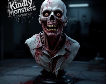 Puede incluir: Un busto de zombi impreso en 3D con un cráneo blanco, ojos rojos y dientes expuestos. El busto lleva una camisa blanca manchada de sangre. La base es negra y se ve el texto "Kindly Monsters 3D Prints".