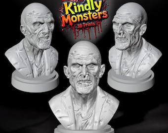 Puede incluir: Tres bustos impresos en 3D de una criatura parecida a un zombi con una cara detallada y grotesca. Los bustos están pintados de color gris claro y se muestran sobre bases circulares.