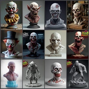 Puede incluir: Una colección de bustos y figuras de temática de terror. Las imágenes muestran varios monstruos, incluyendo zombis, vampiros y un payaso, con detalles intrincados y texturas realistas. La paleta de colores incluye tonos de gris, rojo y blanco.