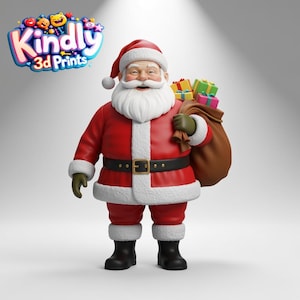May include: A 3D-printed Santa Claus figure in a red suit with white trim, black belt, and boots. He has a white beard and a red hat. A brown sack filled with colourful wrapped gifts is over his shoulder. The image includes the text "Kindly 3D Prints".