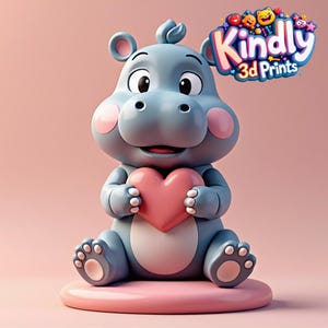 May include: A blue and pink 3D printed hippopotamus holding a pink heart. The hippopotamus is sitting on a pink base. The text "Kindly 3d Prints" is in the background.