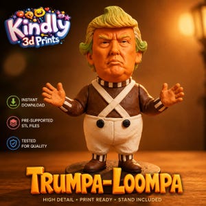 May include: A 3D printed figurine of a character with light green hair, a brown long-sleeved shirt with white crisscross straps, and white pants with two black buttons. The text reads Kindly 3d Prints, Instant Download, Pre-Supported STL Files, Tested For Quality, and TRUMPA-LOOMPA, High Detail, Print Ready, Stand Included.