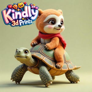 May include: A brown and orange sloth wearing a red scarf sits on the back of a green turtle. The turtle has a brown shell with yellow markings. The background is a light green.