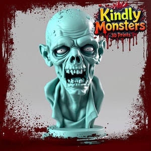 May include: A teal green 3D printed bust of a zombie with a wide open mouth and sharp teeth. The zombie has a bald head with a few bumps and a wrinkled forehead. The bust is on a small base and is titled "Kindly Monsters 3D Prints".