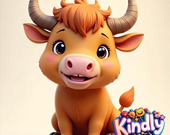 May include: A cartoon-style ox figurine in shades of orange and brown. The ox has large, expressive eyes, a pink nose, and small horns. The figurine is smiling and has the text "Kindly 3D Prints" on the bottom right.