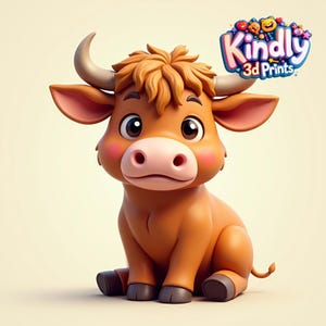 Puede incluir: Un toro de dibujos animados de color marrón anaranjado, con ojos grandes, mejillas rosadas y una nariz rosa claro. El toro está sentado con las piernas recogidas. La imagen incluye el texto "Kindly 3D Prints" en un logotipo colorido.