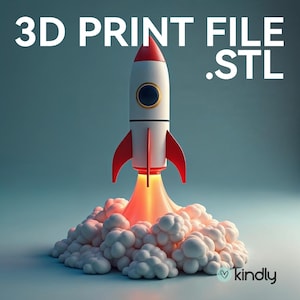 May include: A red and white rocket ship with a yellow window taking off from a cloud of white smoke. The text "3D PRINT FILE .STL" is at the top of the image.