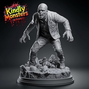Könnte beinhalten: Eine graue 3D-gedruckte Zombie-Figur mit bedrohlichem Gesichtsausdruck, die einen zerfetzten Anzug und zerrissene Hosen trägt. Die Figur steht auf einem felsigen Sockel, mit dem Text "Kindly Monsters 3D Prints" oben links.