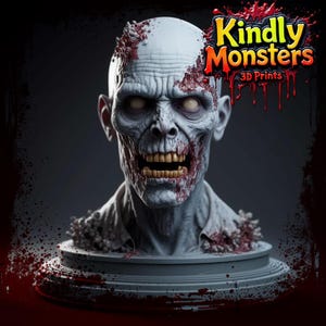 Op de afbeelding: Een 3D-geprint buste van een zombie met een grijs, vleeskleurig hoofd en een bloederige, open mond. De zombie draagt een wit shirt met een bloederige, gescheurde kraag. De buste staat op een grijze basis met een rood, bloederig splatterpatroon.