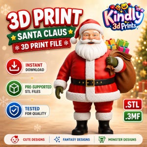 May include: A 3D printed Santa Claus figurine wearing a red suit with white fur trim, a black belt with a gold buckle, and black boots. Santa carries a brown sack filled with colorful gift boxes. Text includes 3D PRINT SANTA CLAUS 3D PRINT FILE.