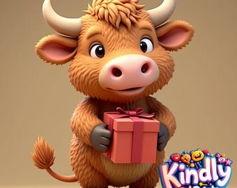 May include: A cartoon-style yak with light brown fur, holding a red gift box with a matching ribbon. The yak has large eyes, a pink nose, and small horns. The image includes the text "Kindly 3D Prints" in a colorful, playful font.