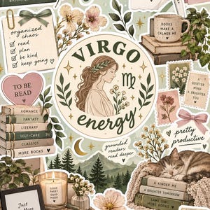 Op de afbeelding: Een verzameling stickers met een Virgo-energie-embleem, stapels boeken met titels zoals Good Books en Romance, een slapende kat op boeken, een Kindle e-reader met de tekst Just One More Chapter, bloemenillustraties en motiverende tekst.
