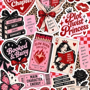 May include: A collection of stickers featuring book-themed illustrations, including a heart with the text Just One More Chapter, a bouquet of books, a matchbox labeled Slow Burn Society, a queen playing card, and a disco ball heart with text.