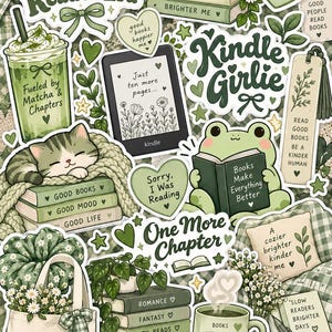 May include: A collection of green-themed stickers featuring books, a matcha drink, a cat, a frog, and reading-related text. Elements include stacks of books, a Kindle, a tote bag with flowers, a mug, and heart-shaped quotes in various shades of green.