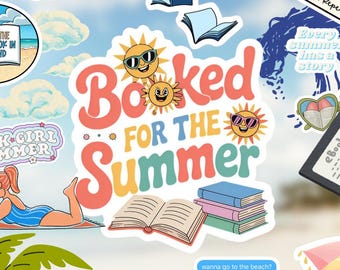 May include: A collage of summer-themed stickers with the text "Summer Vibes" and "Booked for the Summer." Images include books, sunglasses, a pink airplane, a beach scene, and the phrase "Beach Read."