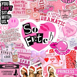 Op de afbeelding: Een roze collage met stickers en afbeeldingen met tekst zoals "So Fetch" en "A Little Bit Dramatic". Het ontwerp bevat harten, lippen, strikken en afbeeldingen van vrouwen met kerstmutsen. Het algemene thema is een popcultuur-esthetiek.