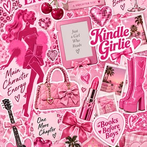 May include: A vibrant pink collage featuring a disco ball, heart-shaped sunglasses, a stack of books, a guitar, a handbag, lipstick, and boots. Text includes In My Pink Reader Era, Hot Girls Read Books, Kindle Girlie, Main Character Energy, and One More Chapter.